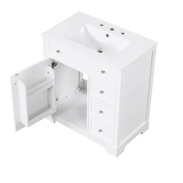 English Elm 30" White Bathroom Vanity Solid Wood Mdf Cabinet Two Drawers with Ceramic Sink Top N725P369592K