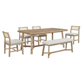 English Elm Trexm 6-Piece Retro Farmhouse Style Dining Set, Rectangular Table and 4 Upholstered Chairs With Rattan and Bench For Dining Room and Kitchen (Natural Wood Wash)