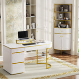 Hearth and Haven Modern 60'' Executive Desk and 74.8"Tall Corner Bookshelf Suite, Curved Computer Desk with Metal Legs, Fan-Shaped and Wooden Standing Bookcase with Drawer, Doors For Home Office, Living Room, Gold+White SR000090AAK