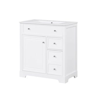 English Elm 30" Modern White Bathroom Vanity with Ceramic Sink, Solid Poplar & MDF, 1 Door 2 Drawers, 33.5" L N725P198484K