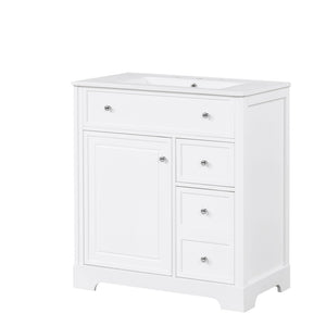 English Elm 30" White Bathroom Vanity Solid Wood Mdf Cabinet Two Drawers with Ceramic Sink Top N725P369592K