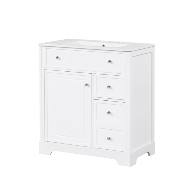 English Elm 30" White Bathroom Vanity Solid Wood Mdf Cabinet Two Drawers with Ceramic Sink Top N725P369592K