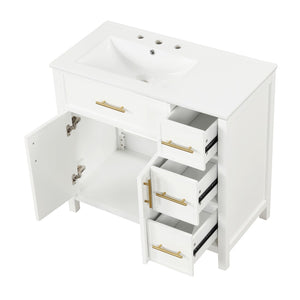English Elm 36" Freestanding Bathroom Vanity Rubberwood Mdf Ceramic Sink Three Drawers White N725P198316K