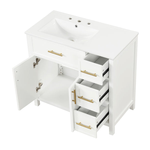 English Elm 36" Matte Freestanding Bathroom Vanity Solid Wood Cabinet Ceramic Sink Three Drawers White N725P364205K