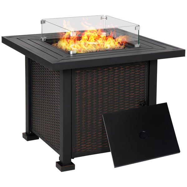 English Elm Outsunny 34-Inch Propane Fire Pit Table With 50,000 Btu, Auto-Ignition, Glass Guard & Wicker Design W2225P172600-GIGA