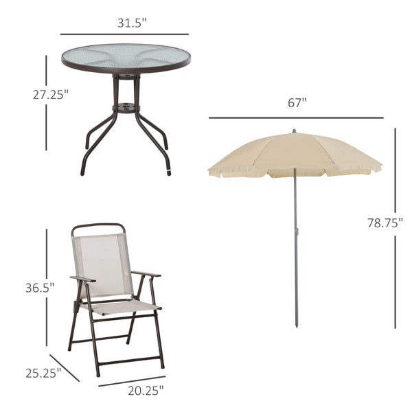 English Elm Outsunny 6-Piece Outdoor Dining Set For 4 With Umbrella, Glass Table & Folding Chairs For Relaxed Meals W2225P172552-GIGA
