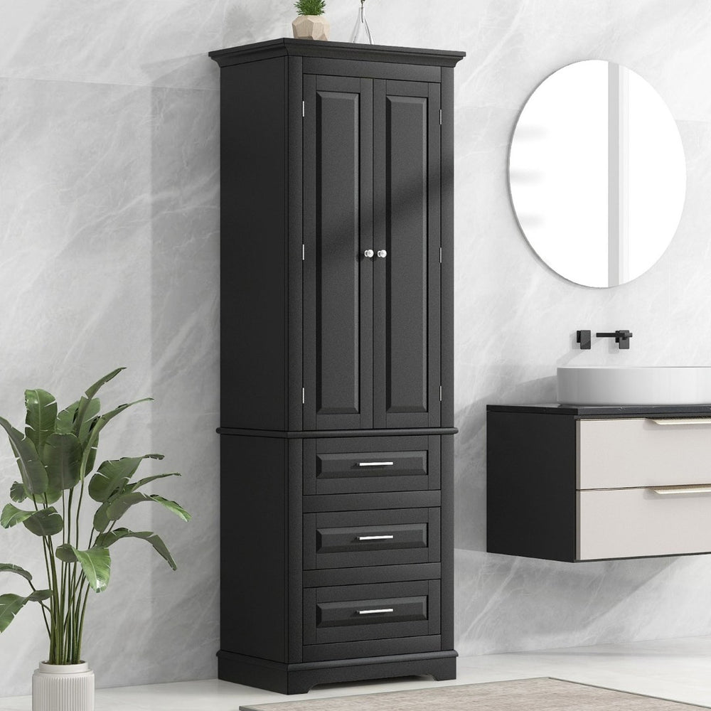 English Elm Tall Matte Black Storage Cabinet with Three Drawers and Enclosed Shelves for Home N725P333572B