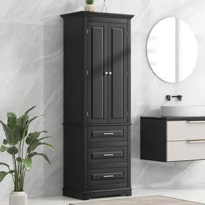 English Elm Tall Matte Black Storage Cabinet with Three Drawers and Enclosed Shelves for Home N725P333572B