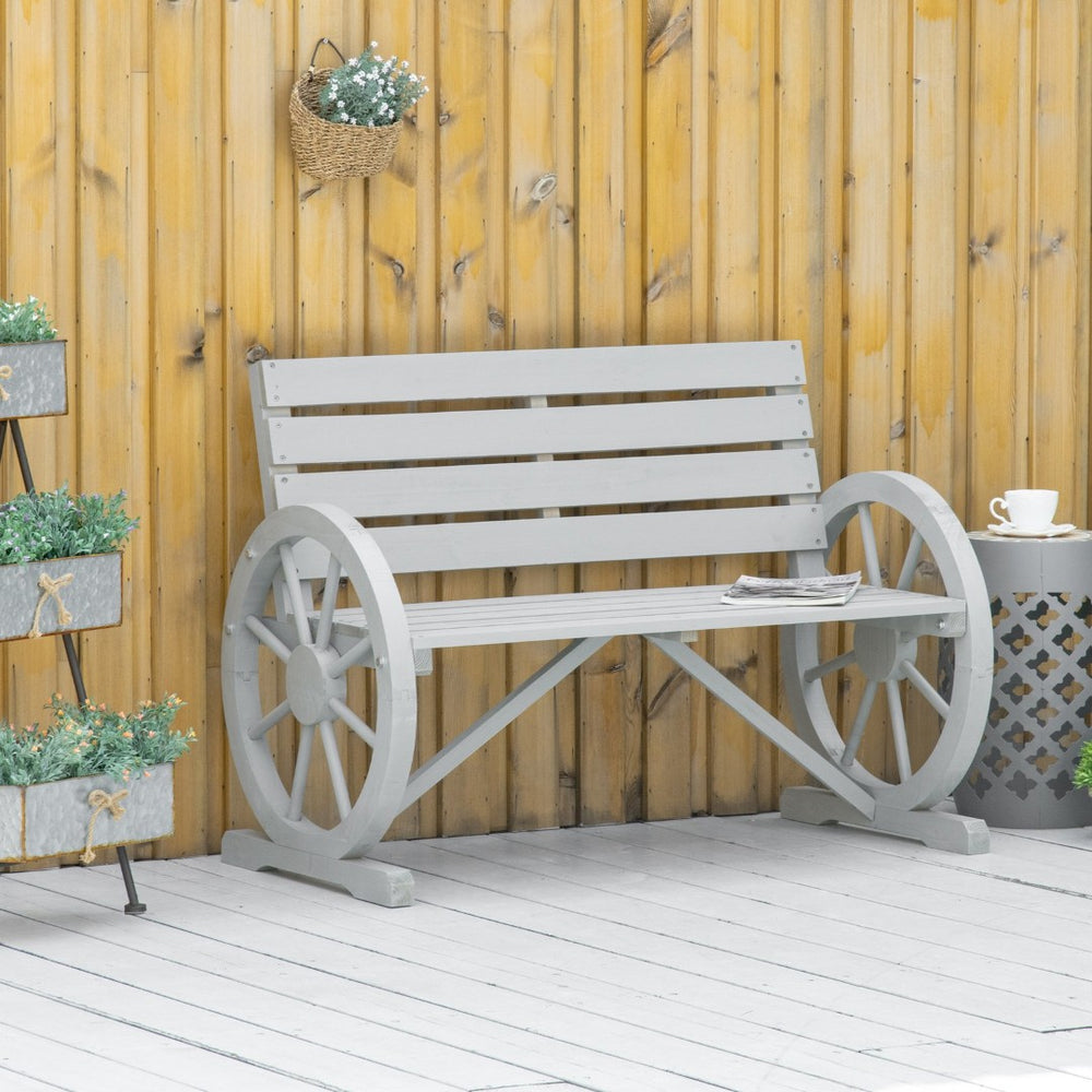 English Elm Outsunny 41" Rustic Wooden Wagon Wheel Bench - Weather-Resistant Outdoor Seating For 2, Light Gray W2225P172565-GIGA
