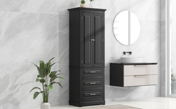 English Elm Tall Matte Black Storage Cabinet with Three Drawers and Enclosed Shelves for Home N725P333572B