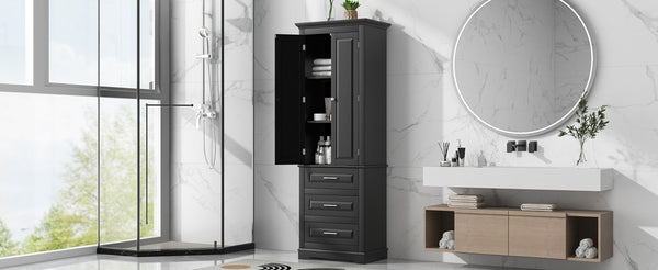 English Elm Tall Matte Black Storage Cabinet with Three Drawers and Enclosed Shelves for Home N725P333572B
