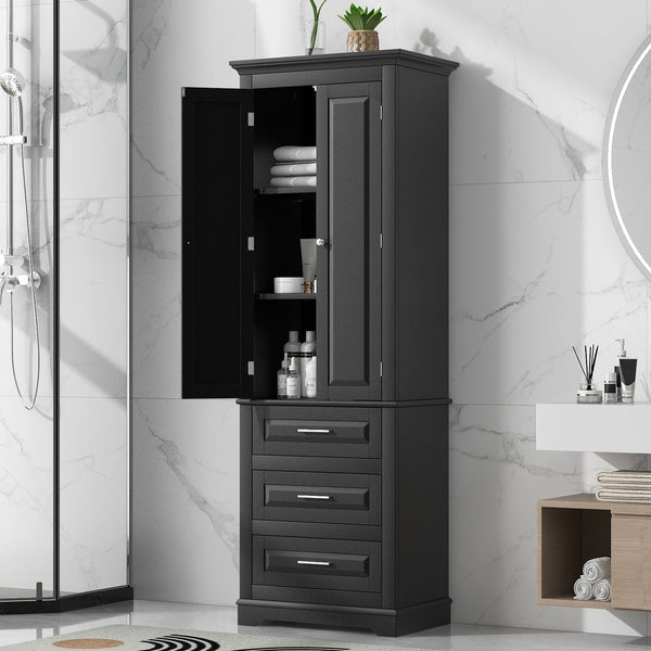 English Elm Tall Tall Storage Cabinet with Three Drawers and Doors for Bathroom or Office, Slim MDF Organizer Black WF299282AAB