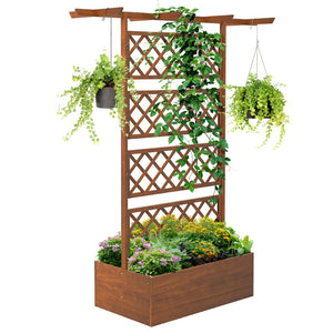 English Elm Outsunny Wood Planter With Trellis - Stylish Raised Garden Bed For Climbing Plants & Vegetables! W2225P172539-GIGA