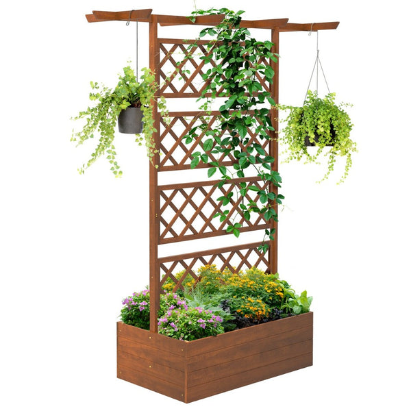 English Elm Outsunny Wood Planter With Trellis - Stylish Raised Garden Bed For Climbing Plants & Vegetables! W2225P172539-GIGA