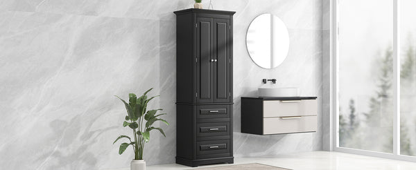 English Elm Tall Tall Storage Cabinet with Three Drawers and Doors for Bathroom or Office, Slim MDF Organizer Black WF299282AAB