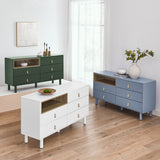 Hearth and Haven Hike Dresser with Open Storage, 5 Drawers and Leather Handles, White W1781P148614