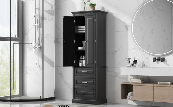 English Elm Tall Tall Storage Cabinet with Three Drawers and Doors for Bathroom or Office, Slim MDF Organizer Black WF299282AAB