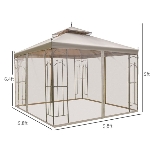 English Elm Outsunny 10' X 10' Elegant Patio Gazebo With Corner Shelves, Double Roof Canopy & Insect Netting W2225P164105-GIGA