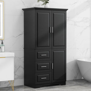 English Elm Tall and Wide Storage Cabinet With Doors For Bathroom/Office, Three Drawers, Black