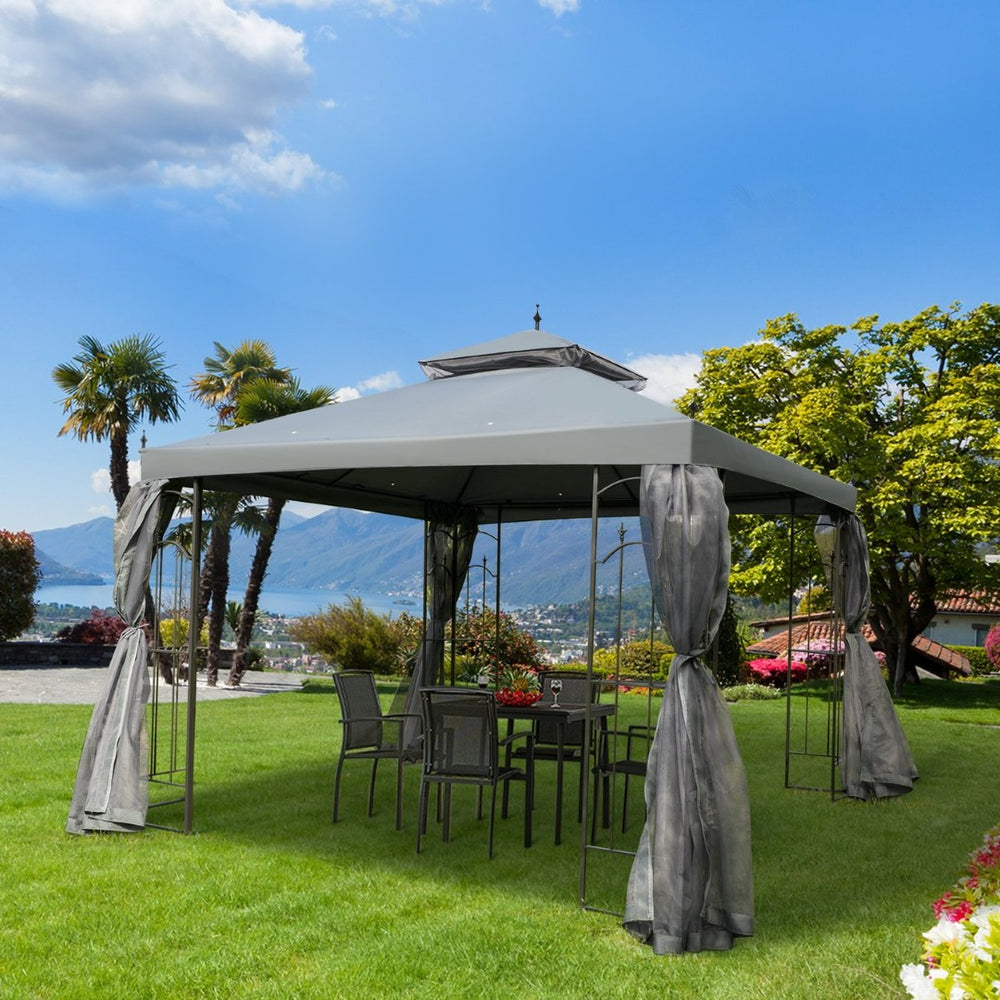 English Elm Outsunny 10' X 10' Double Roof Gazebo With Mesh Netting & Corner Shelves For Events & Patios W2225P164124-GIGA