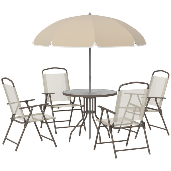 English Elm Outsunny 6-Piece Outdoor Dining Set For 4 With Umbrella, Glass Table & Folding Chairs For Relaxed Meals W2225P172552-GIGA