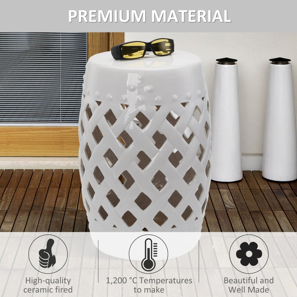 English Elm Outsunny 13" X 18" Elegant Ceramic Garden Stool - Versatile Woven Lattice Design For Indoor & Outdoor Use W2225P172543-GIGA