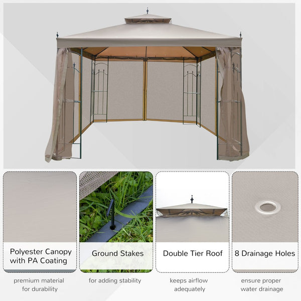English Elm Outsunny 10' X 10' Elegant Patio Gazebo With Corner Shelves, Double Roof Canopy & Insect Netting W2225P164105-GIGA
