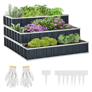 English Elm Outsunny 3 Tier Modular Steel Raised Garden Bed With Gloves - Perfect For Vegetables, Herbs & Flowers! W2225P172597-GIGA