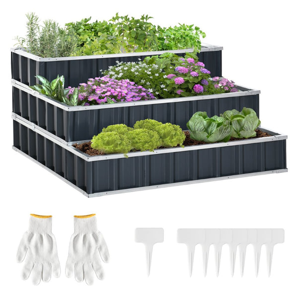 English Elm Outsunny 3 Tier Modular Steel Raised Garden Bed With Gloves - Perfect For Vegetables, Herbs & Flowers! W2225P172597-GIGA