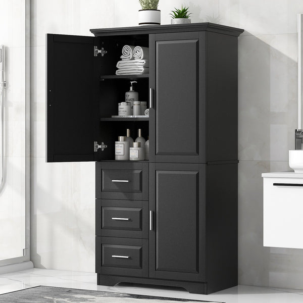 English Elm Tall Narrow Storage Cabinet with Doors and 3 Drawers – Adjustable Shelves, Anti-Tip, 45lb Capacity Black WF299285AAB