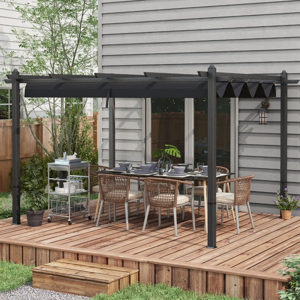 English Elm Outsunny 10' X 12' Retractable Pergola Canopy - Stylish Wood Grain Aluminum Shade For Patio & Deck W2225P164087-GIGA