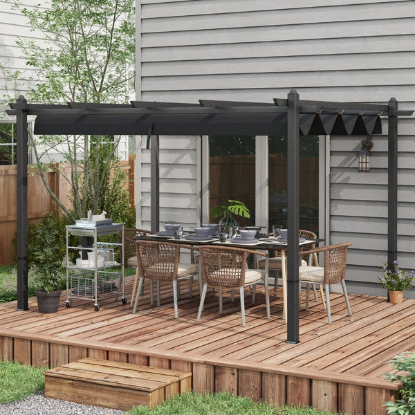 English Elm Outsunny 10' X 12' Retractable Pergola Canopy - Stylish Wood Grain Aluminum Shade For Patio & Deck W2225P164087-GIGA