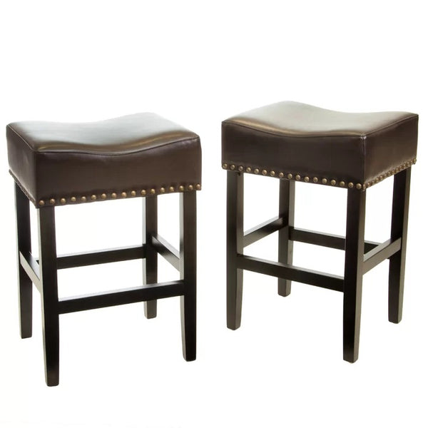 English Elm Christopher Knight Home® - 26" Backless Leather Counter Stools Set of 2 — Modern Bonded Leather Seats on Bronze Hardwood Legs, 300lb Capacity Brown 74493.00BRN