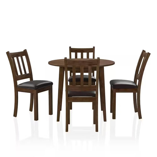 English Elm Kitchen Walnut 5pc Round Dining Set with Padded Leatherette Seats, Solid Wood Ladder-Back Chairs, Space-Saving Design B011P162634