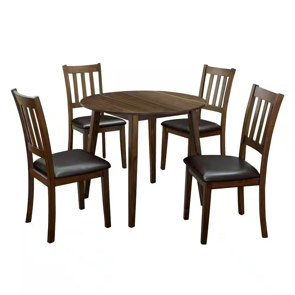 English Elm Kitchen Walnut 5pc Round Dining Set with Padded Leatherette Seats, Solid Wood Ladder-Back Chairs, Space-Saving Design B011P162634