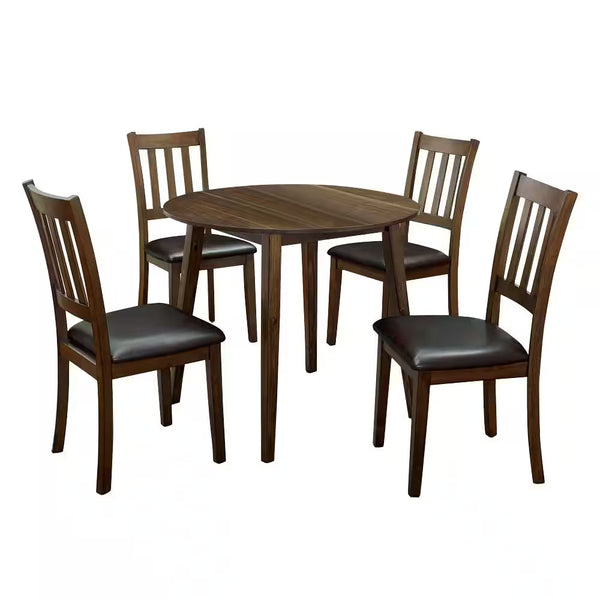 English Elm Kitchen Walnut 5pc Round Dining Set with Padded Leatherette Seats, Solid Wood Ladder-Back Chairs, Space-Saving Design B011P162634