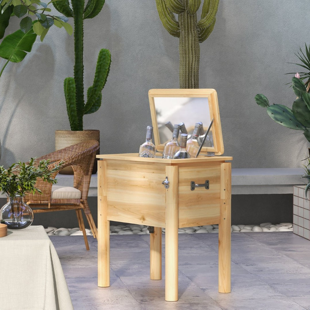 English Elm Outsunny Wooden Patio Cooler - 54Qt Outdoor Beverage Station With Bottle Opener & Easy Mobility Features W2225P172559-GIGA