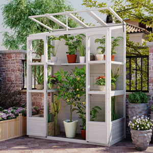 English Elm TOPMAX 78-inch Wooden Greenhouse Walk-In with 4 Skylights, 2 Folding Shelves & Anti-Fall Stability White SP100017AAK