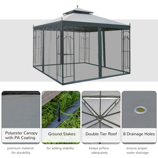 English Elm Outsunny 10' X 10' Double Roof Gazebo With Mesh Netting & Corner Shelves For Events & Patios W2225P164124-GIGA