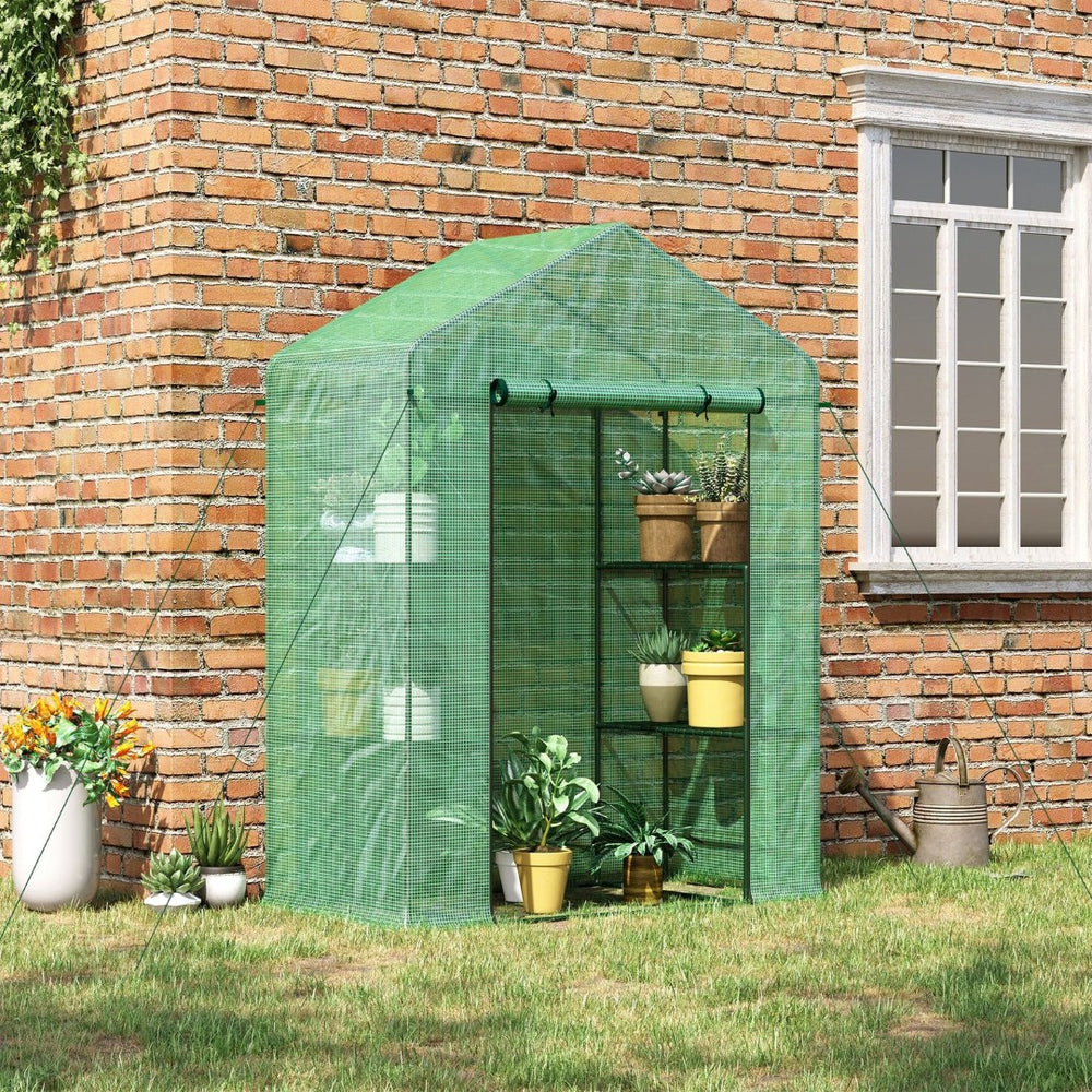 English Elm Outsunny 5' X 2.5' Portable Mini Walk-In Greenhouse Kit With 3-Tier Shelves, Roll-Up Door & Uv Cover W2225P164102-GIGA