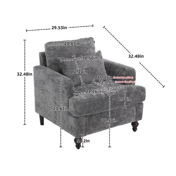 English Elm Wood Frame Armchair Ergonomic Tufted Chenille Lounge Chair with Studded Trim and Solid Wood Frame Gray W395P151908