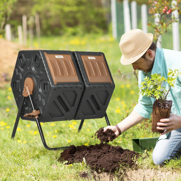 English Elm Outsunny Dual Chamber Compost Tumbler Bin – Efficient 34.5 Gallon Composter With 24 Vents & Steel Legs W2225P172553-GIGA
