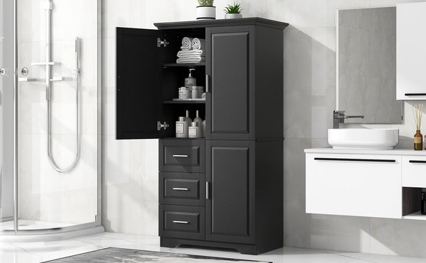 English Elm Tall Narrow Storage Cabinet with Doors and 3 Drawers – Adjustable Shelves, Anti-Tip, 45lb Capacity Black WF299285AAB