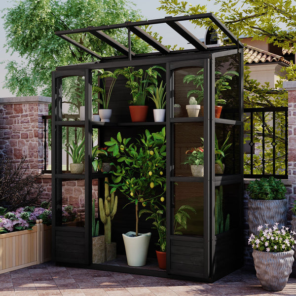 English Elm TOPMAX 78-inch Wooden Greenhouse Walk-In with 4 Skylights, 2 Folding Shelves & Anti-Fall Stability Black SP100017AAB