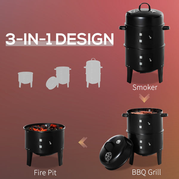 English Elm Outsunny 3-In-1 Vertical Charcoal Bbq Smoker & Grill, Dual Cooking Areas With Thermometer For Outdoor Fun W2225P172551-GIGA