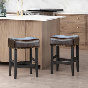 English Elm Christopher Knight Home® - 26" Backless Leather Counter Stools Set of 2 — Modern Bonded Leather Seats on Bronze Hardwood Legs, 300lb Capacity Brown 74493.00BRN