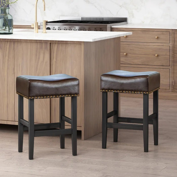 English Elm Christopher Knight Home® - 26" Backless Leather Counter Stools Set of 2 — Modern Bonded Leather Seats on Bronze Hardwood Legs, 300lb Capacity Brown 74493.00BRN