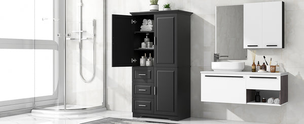English Elm Tall Narrow Storage Cabinet with Doors and 3 Drawers – Adjustable Shelves, Anti-Tip, 45lb Capacity Black WF299285AAB