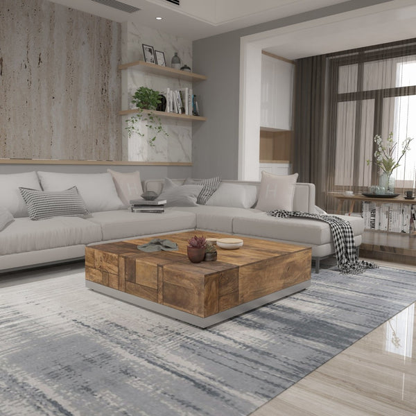 English Elm Luxvil Solid Mango Wood Square Coffee Table Geometric Carved Top Metal Base Living Room B024P156852