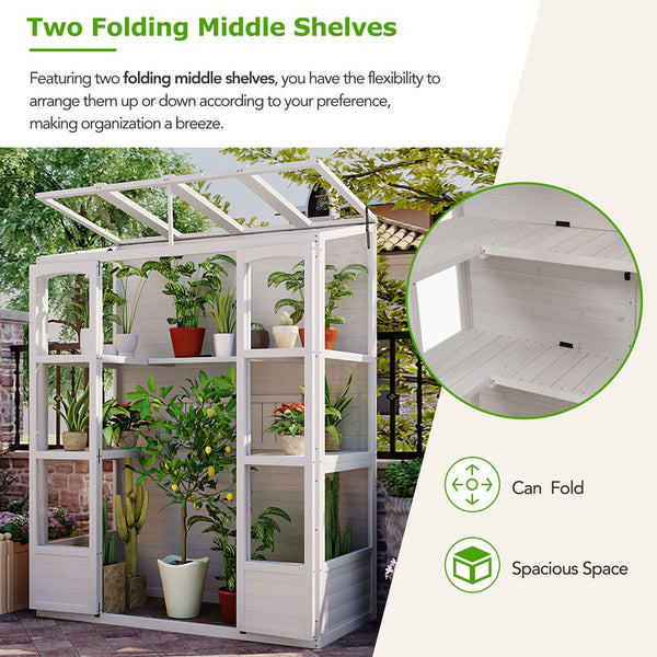 English Elm TOPMAX 78-inch Wooden Greenhouse Walk-In with 4 Skylights, 2 Folding Shelves & Anti-Fall Stability White SP100017AAK